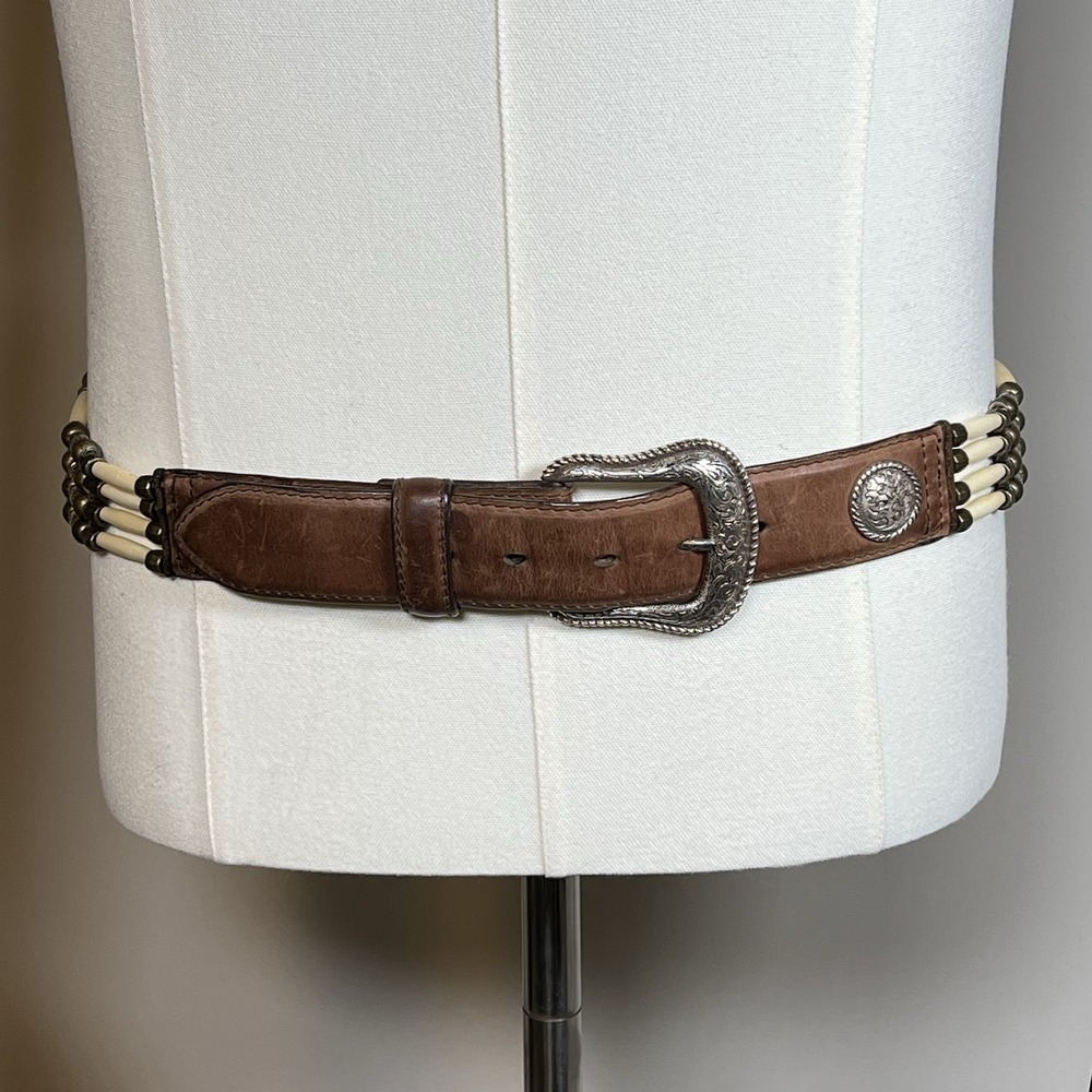 VTG Nocona Brown Leather Western Concho Belt 34 Hair-Pipe Bone Beads Native Son